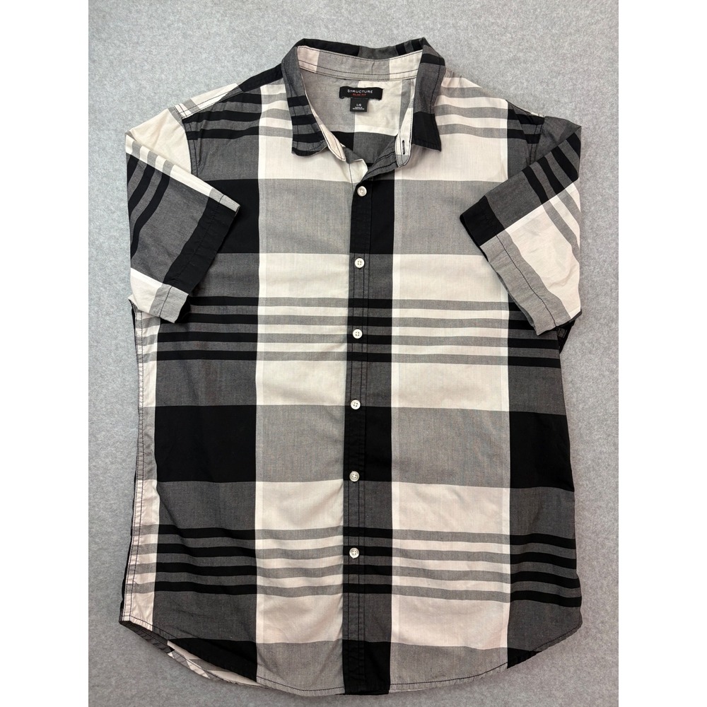 Structure‎ Slim Fit Mens Large Short Sleeve Button Down Shirt Black White Plaid